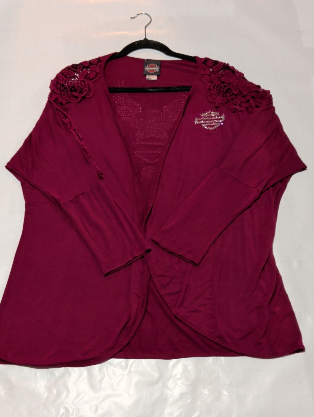 Harley-Davidson Deep Magenta Open Front Cardigan with Lace Accents